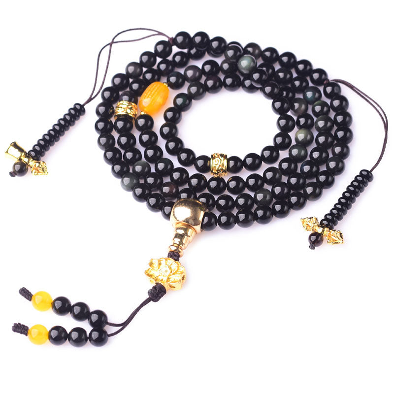 108 Beads Black Obsidian Lotus Fulfilment Mala Bracelet 6mm