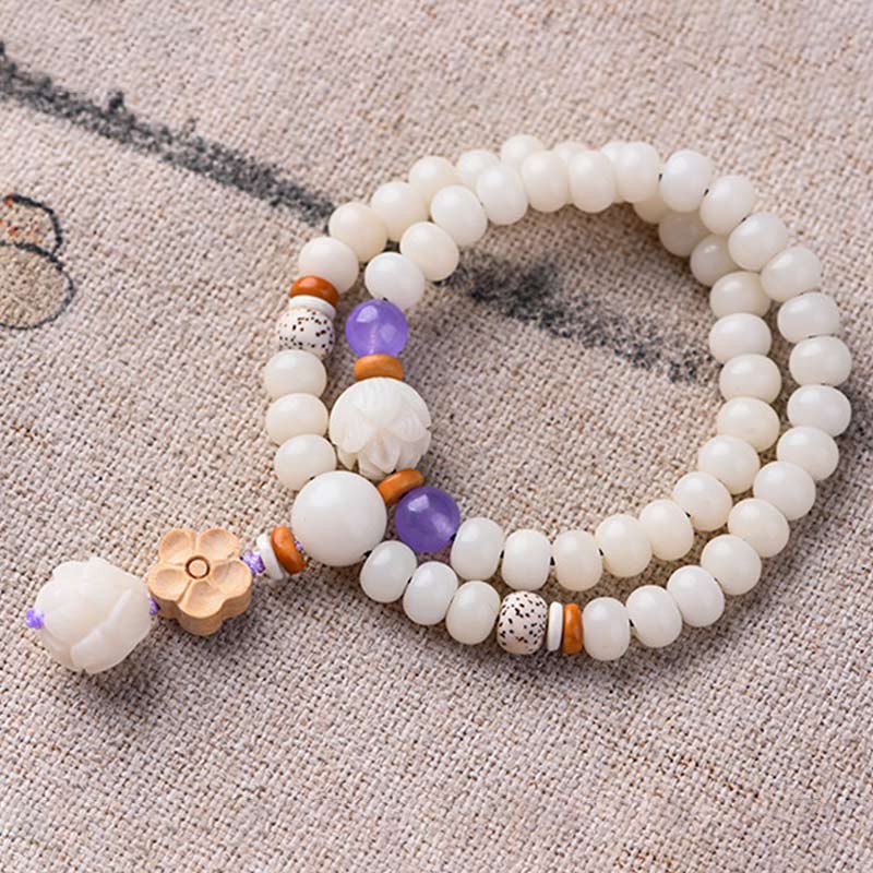 Unisex Lotus Bracelet with White Jade, Bodhi Seed & Blessings