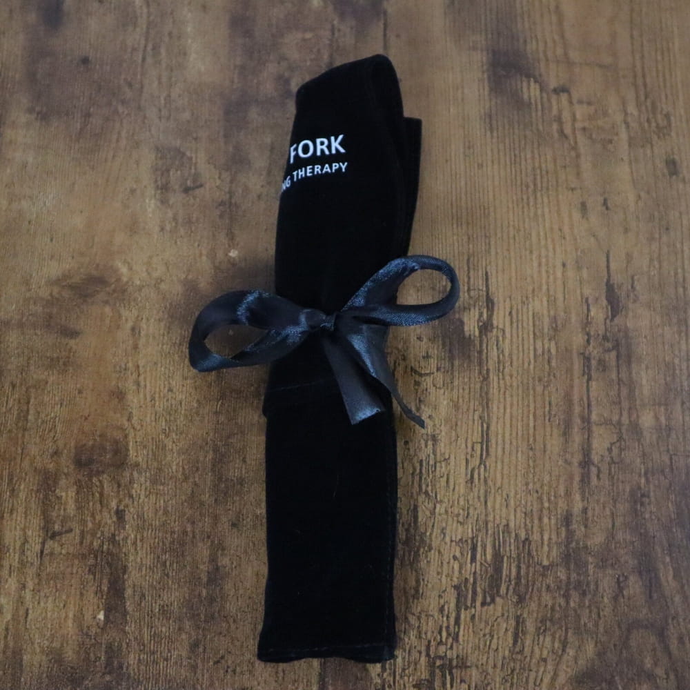 Black sock with FORK text and blue ribbon for Tuning Forks in Biofield Therapy