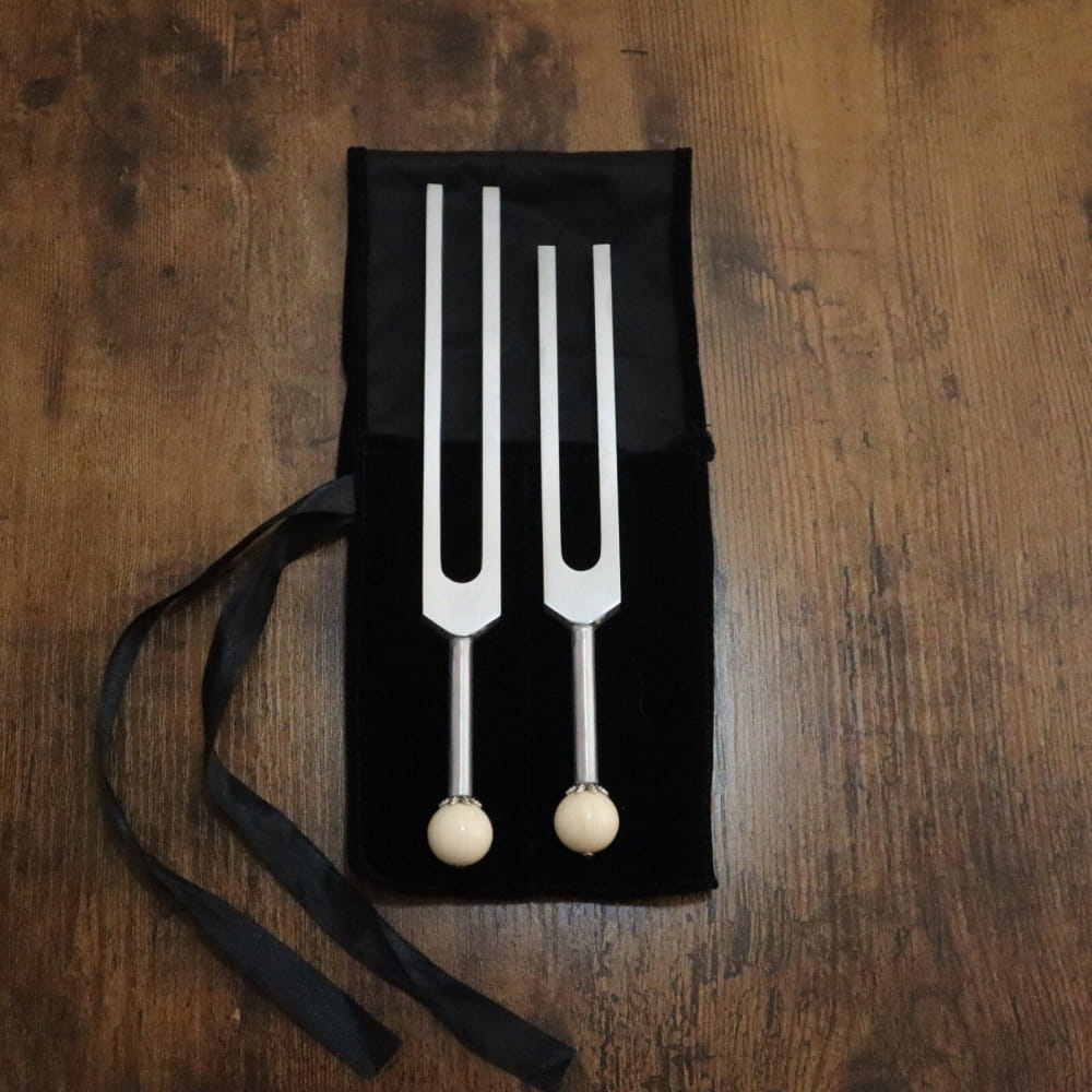 Two tuning forks on black cloth for Biofield Therapy Yin Yang Cellular Nerve healing