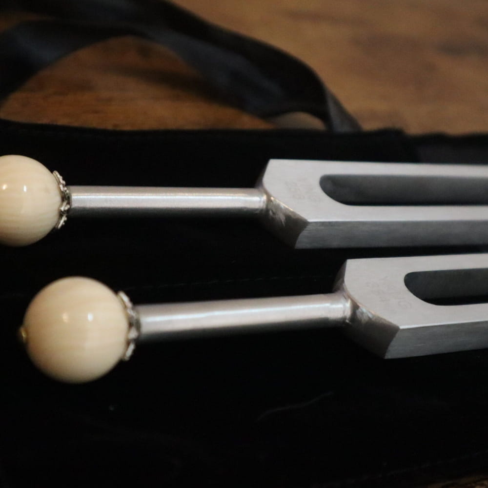 Two tuning forks with cream ball ends for Biofield Therapy Yin Yang healing