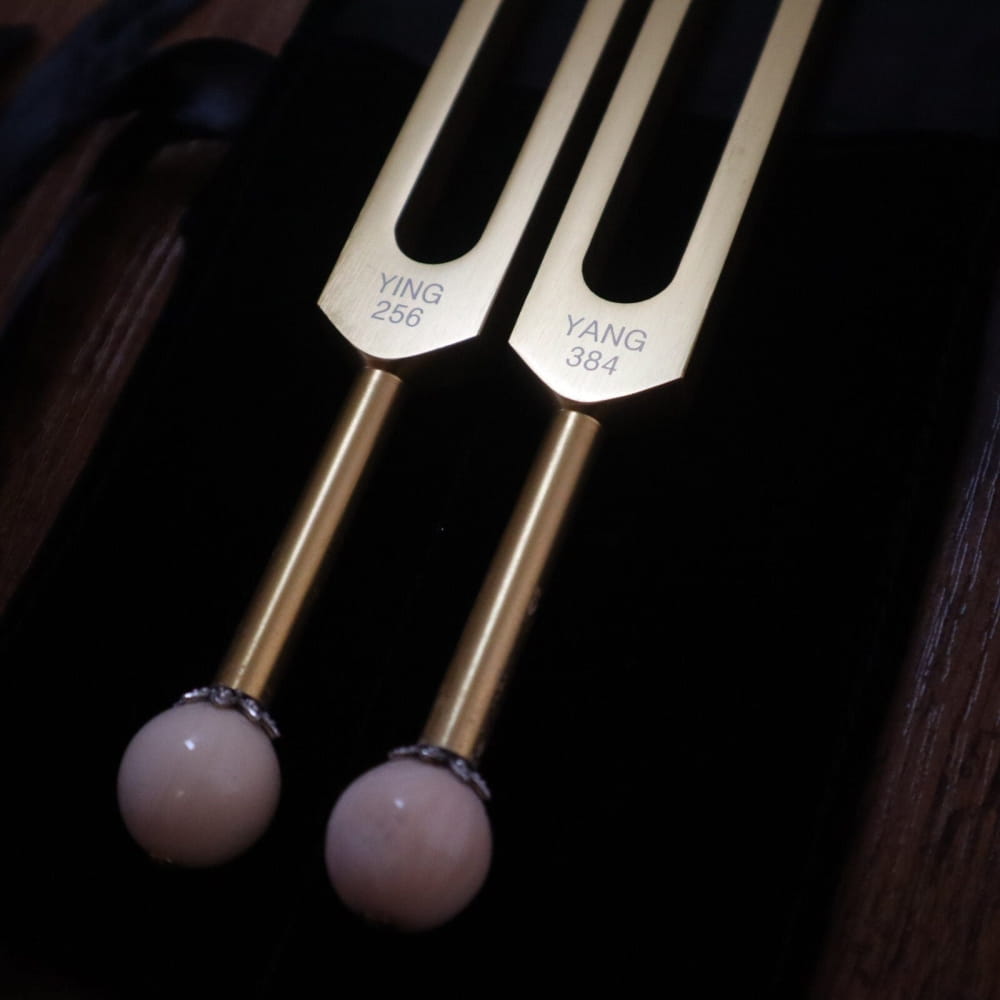 Two tuning forks with white spherical ends in a Gold Yin Yang Tuning Fork Set