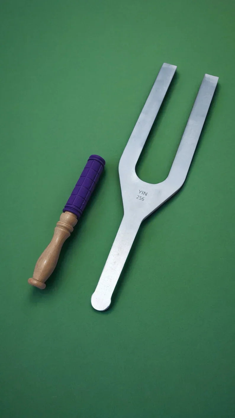 Metal tuning fork with wooden-handled mallet from 256Hz and 384Hz Tuning Fork Set