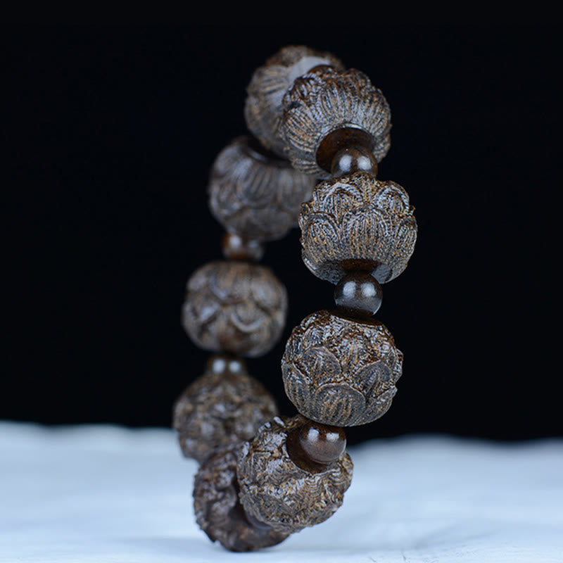 Ebony Wood Balance Bracelet with Lotus Dragon & Arhats