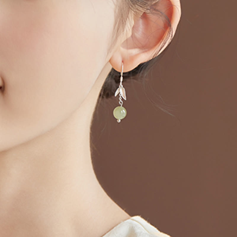999 Sterling Silver Hetian Jade Bamboo Leaf Luck Drop Earrings