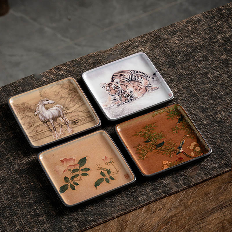 Ceramic Incense Burner Tray with Mountain Lake Flower Leaf Design