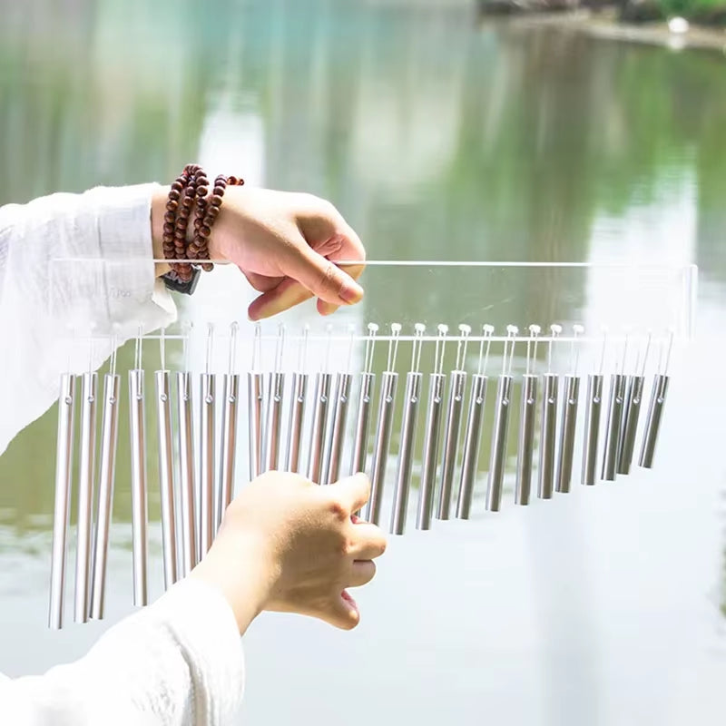 Metal wind chimes with silver tubes in parallel rows for 27 Notes Equilibrium Swing Chimes