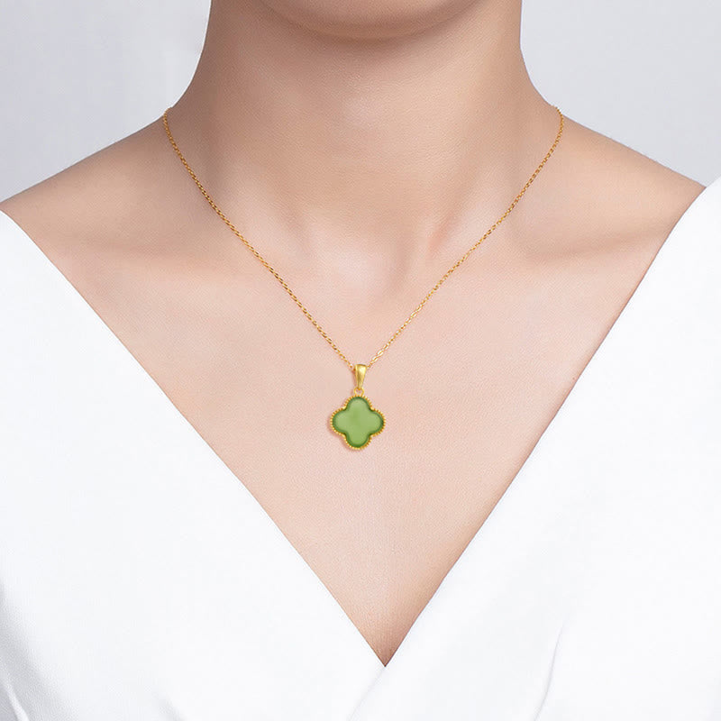925 Sterling Silver Hetian Jade Luck Four Leaf Clover Necklace