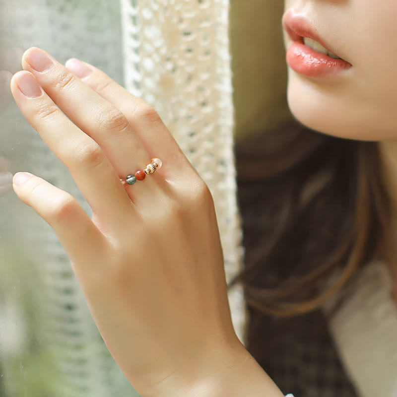 14k Gold Plated Peach Moonstone Fu Lu Shou Ring for Happiness