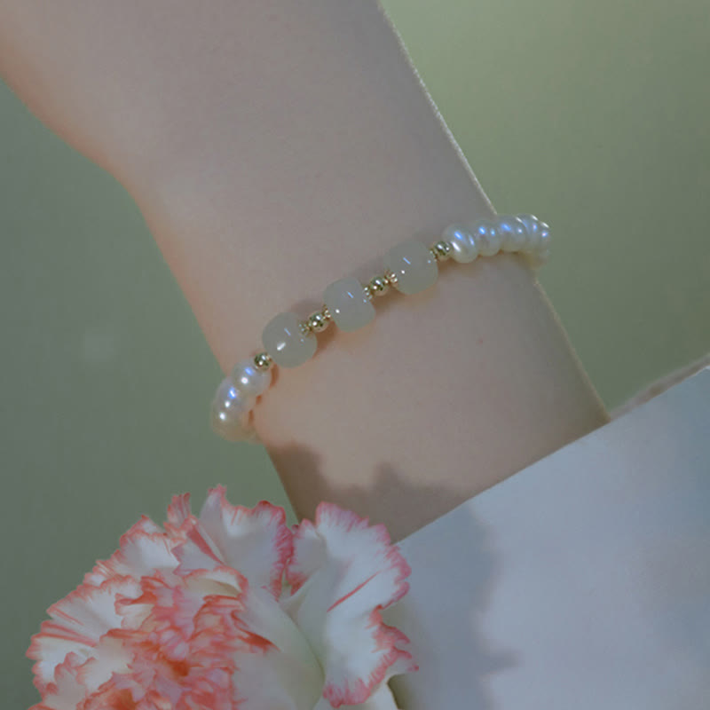 14K Gold Plated Pearl Hetian Jade Bead Bracelet for Harmony