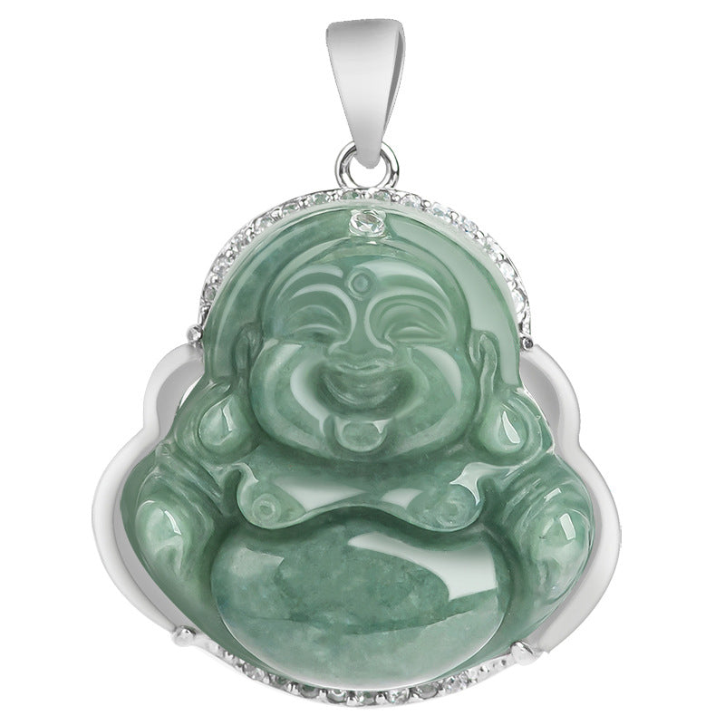 Jade Laughing Buddha Necklace 925 Sterling Silver Pendant