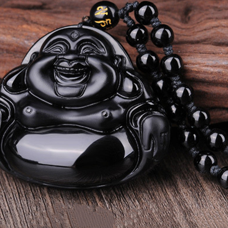 Black Obsidian Laughing Buddha Transformation Pendant