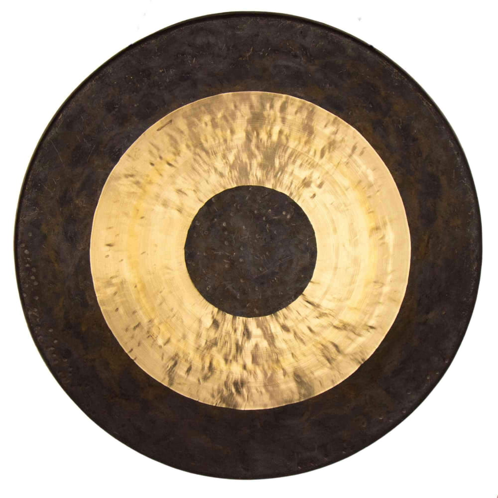 Traditional Chinese gong in black and gold, 28-inch Chau Gong with beater, rich sound