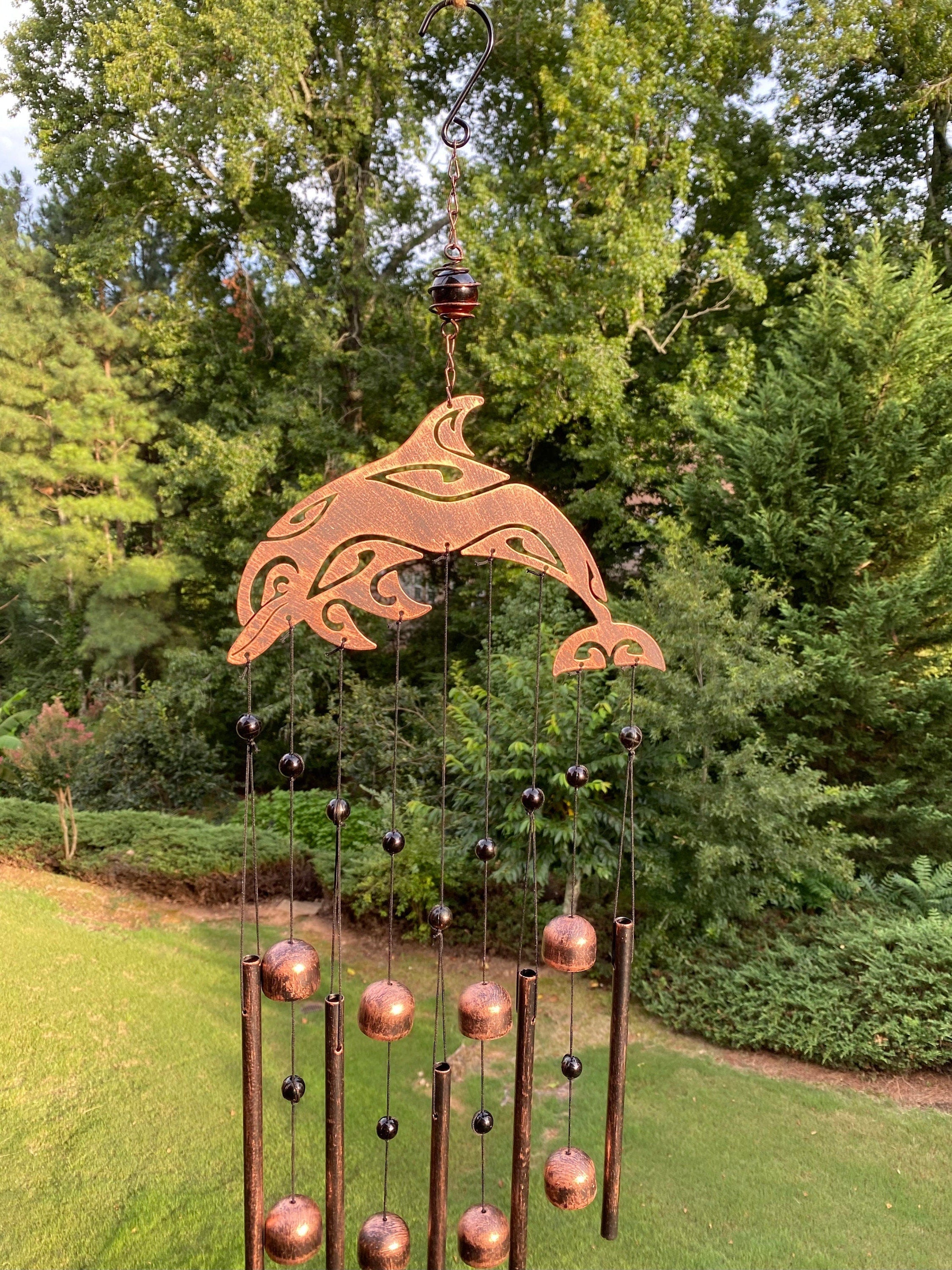 Copper Dolphin Wind Chime with Bells for Garden Peace, 28 inches tall