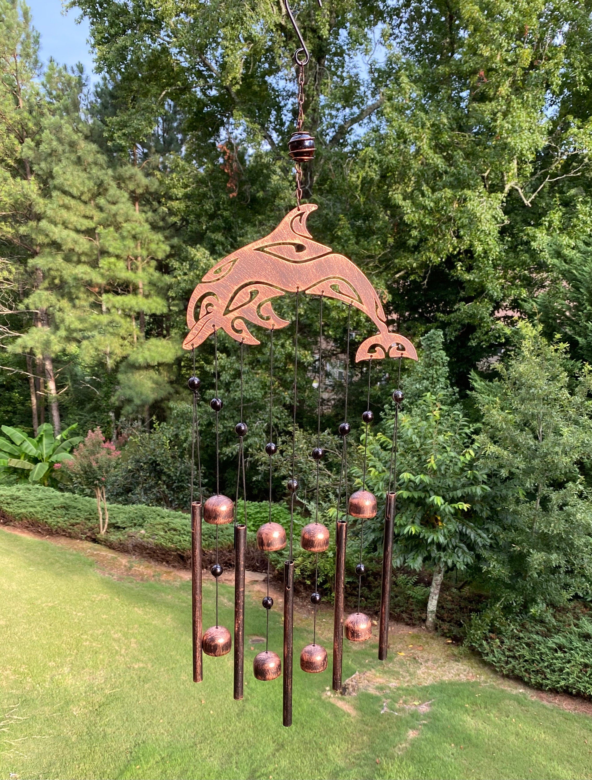 28’’ Copper Dolphin Wind Chime with Hanging Tubes and Decorative Spheres for Garden Decor