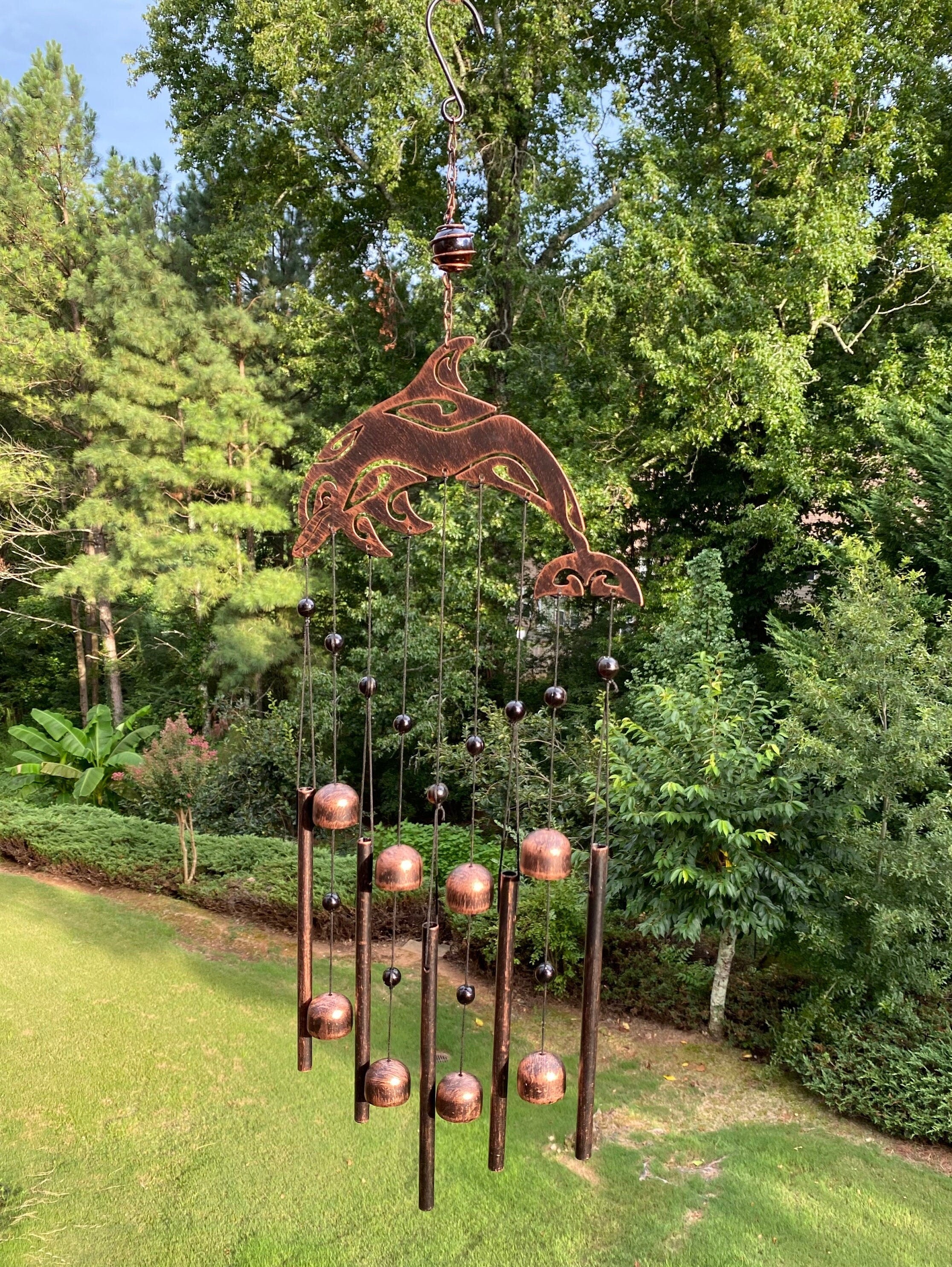 Decorative copper wind chime with pink glass orbs for 28-inch Copper Dolphin Wind Chime