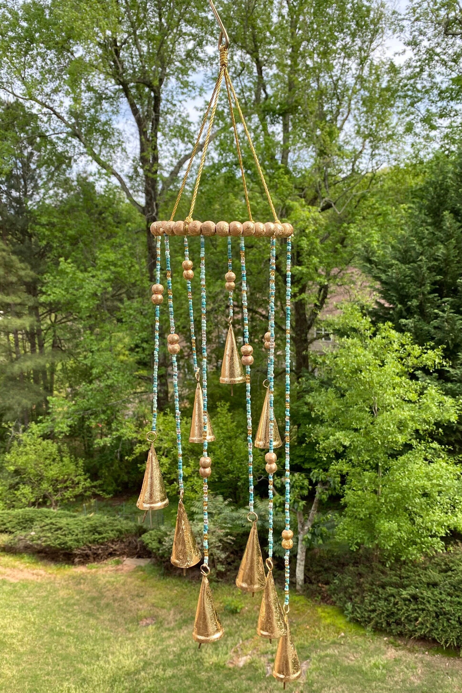 Decorative 28-inch Gold and Teal Wind Chimes with brass bells and turquoise beads
