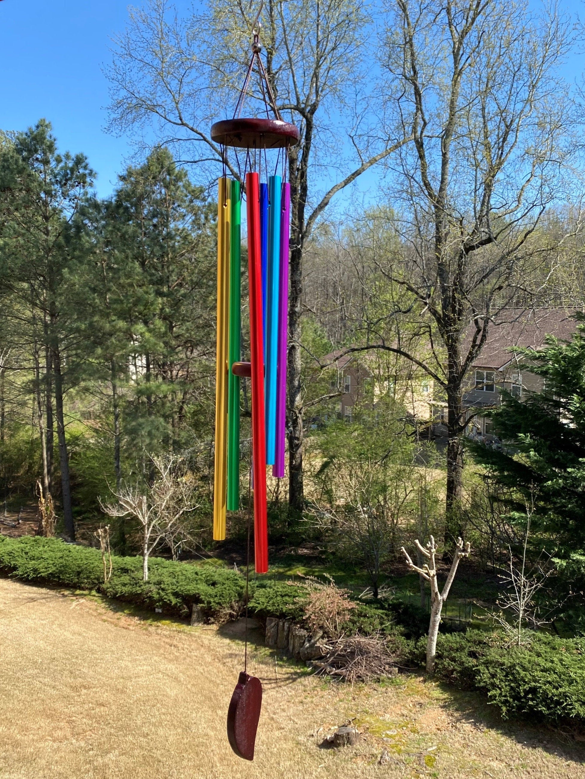 Rainbow-colored wind chimes with metal tubes from 28’’ Handmade Rainbow Metal Wind Chimes for Peace