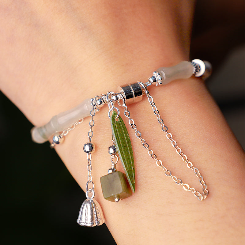 White Jade Happiness Bracelet with Bamboo Leaf Lantern Charm