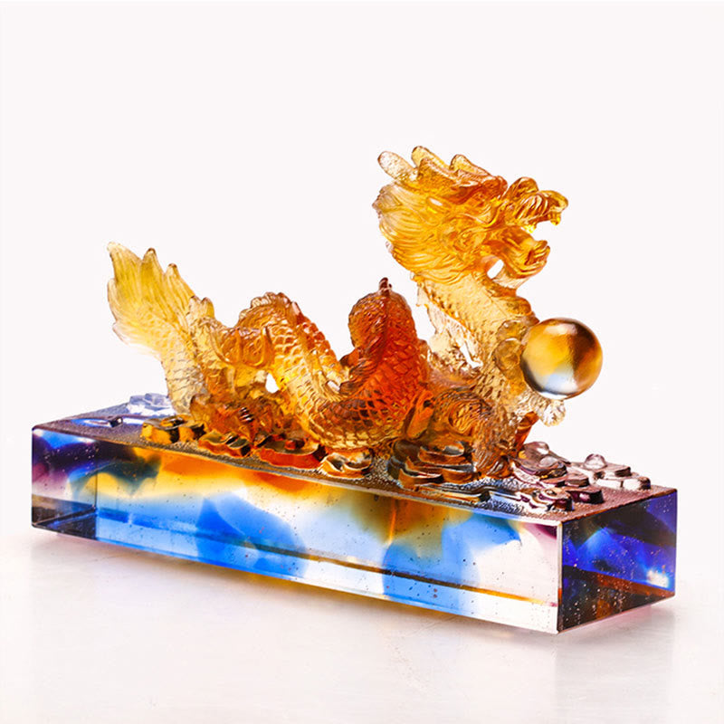Multicolored Liuli Chinese Dragon Statue 6.3 Inch Feng Shui Piece
