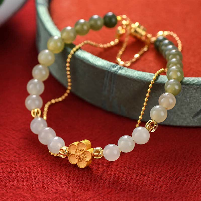 Hetian Jade Peach Blossom Luck Bracelets 6mm & 8mm Unisex