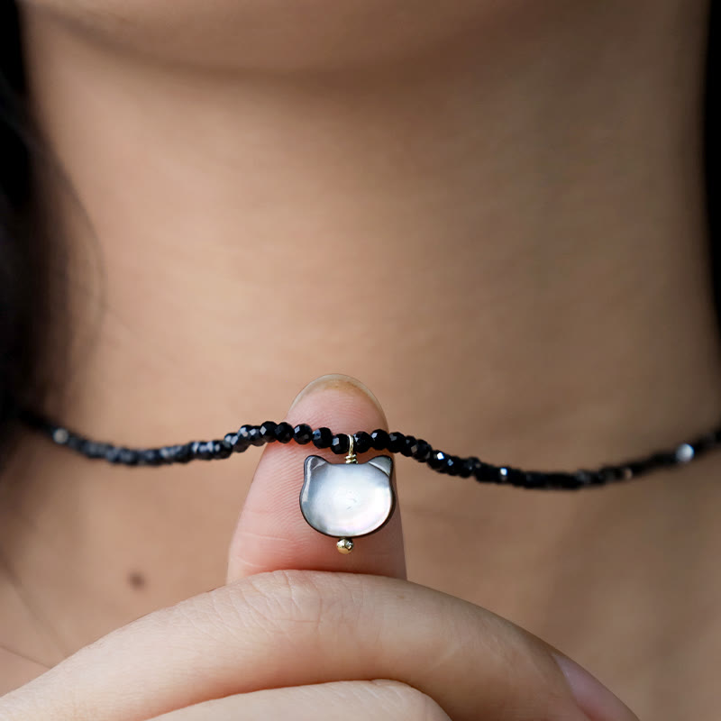 Black Spinel Cat Motivate Choker Necklace 38cm