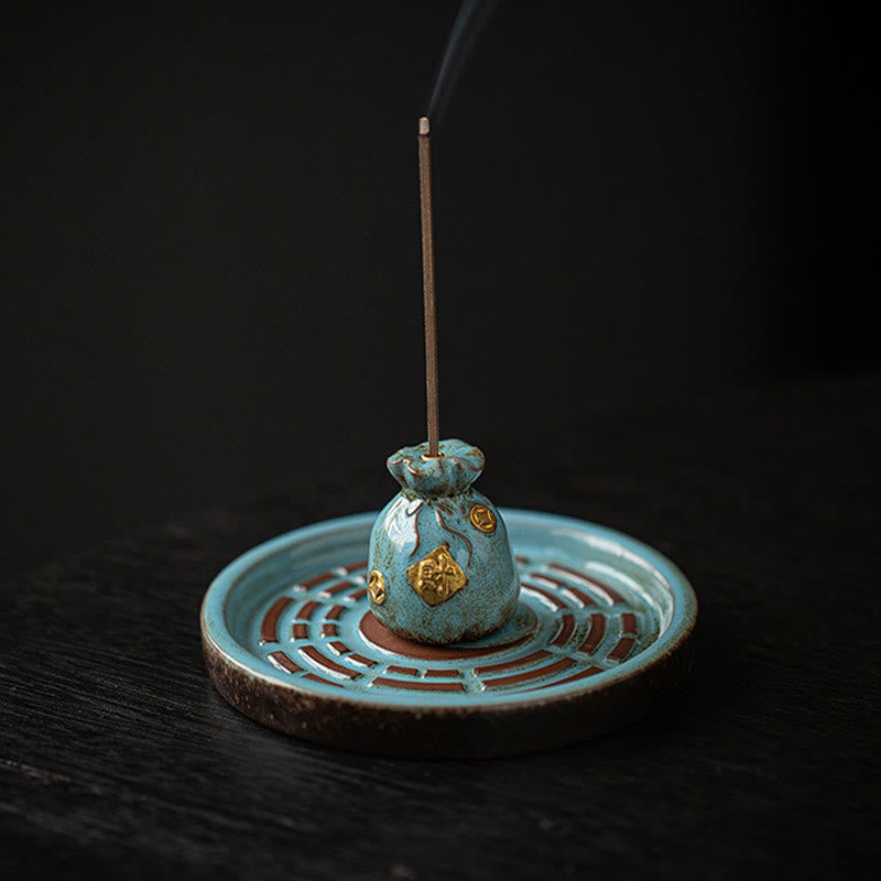 Ceramic Bagua Incense Burner | Treasure Bowl & Lucky Bag Set