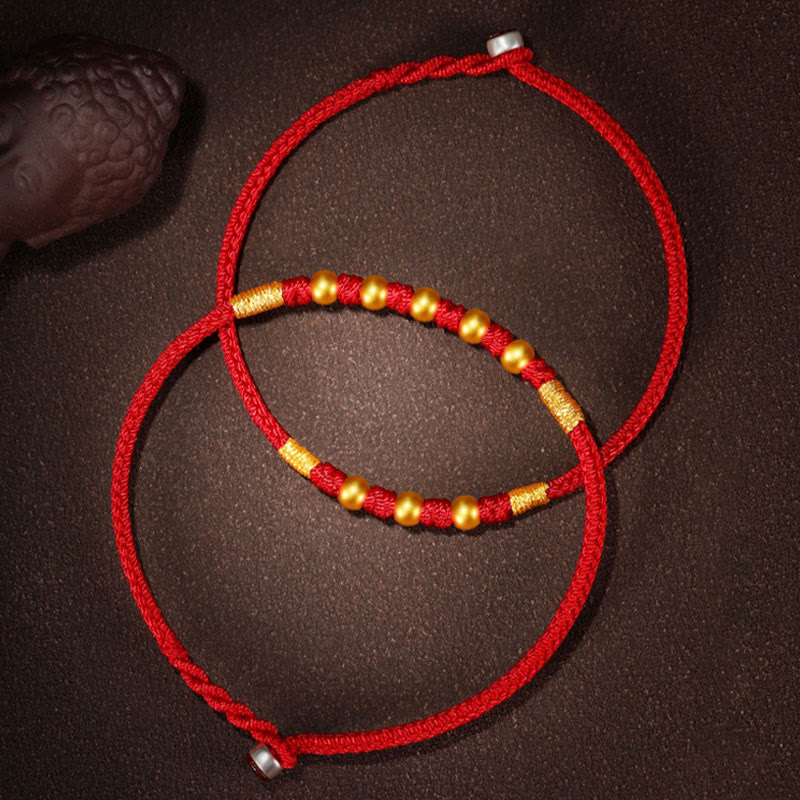 Handmade Red String Bracelet with 999 Gold Beads and King Kong Knot for Protection