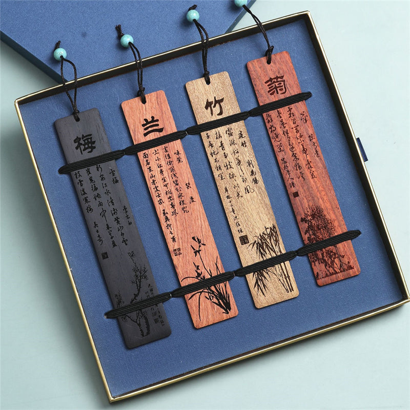 Wooden Zen Decor Bookmark with Plum Orchid Bamboo Chrysanthemum Motifs