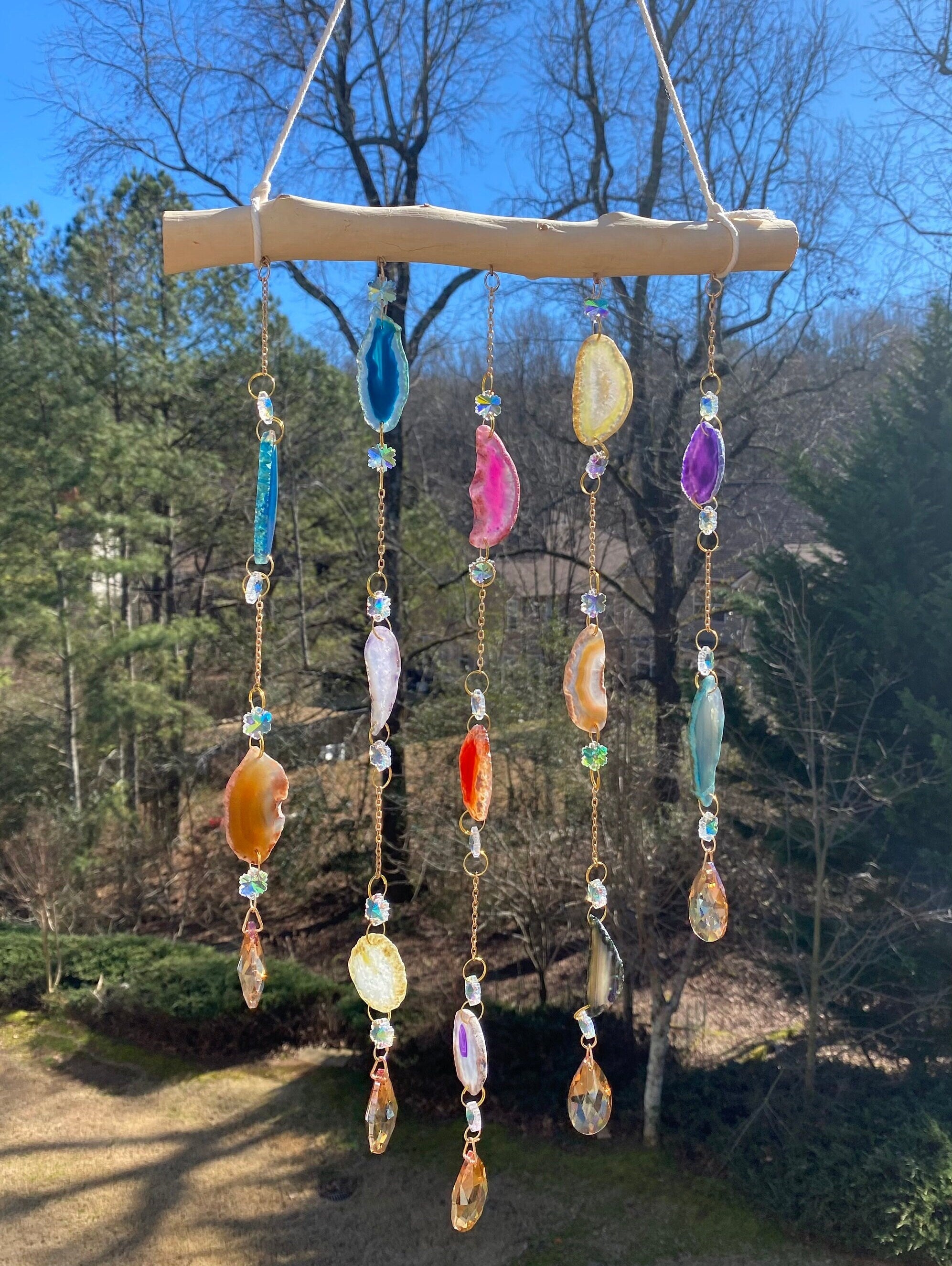 Colorful stone and bead mobile hanging from wooden crossbar for 29’’ Crystal Wind Chimes