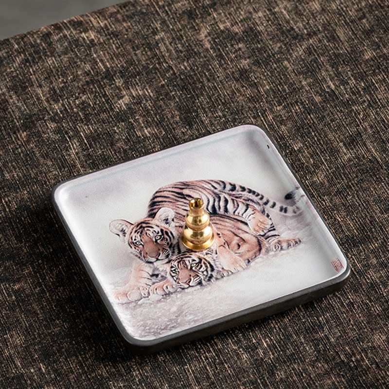 Ceramic Incense Burner Tray with Mountain Lake Flower Leaf Design