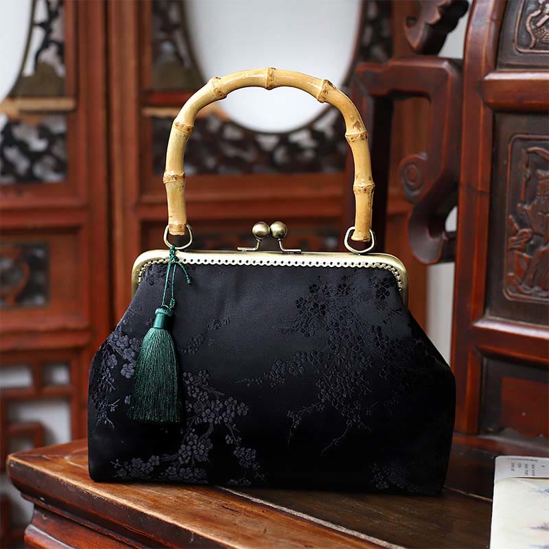 22.5cm Bamboo Handle Handbag | Dragonfly Crane Plum Blossom Leaf