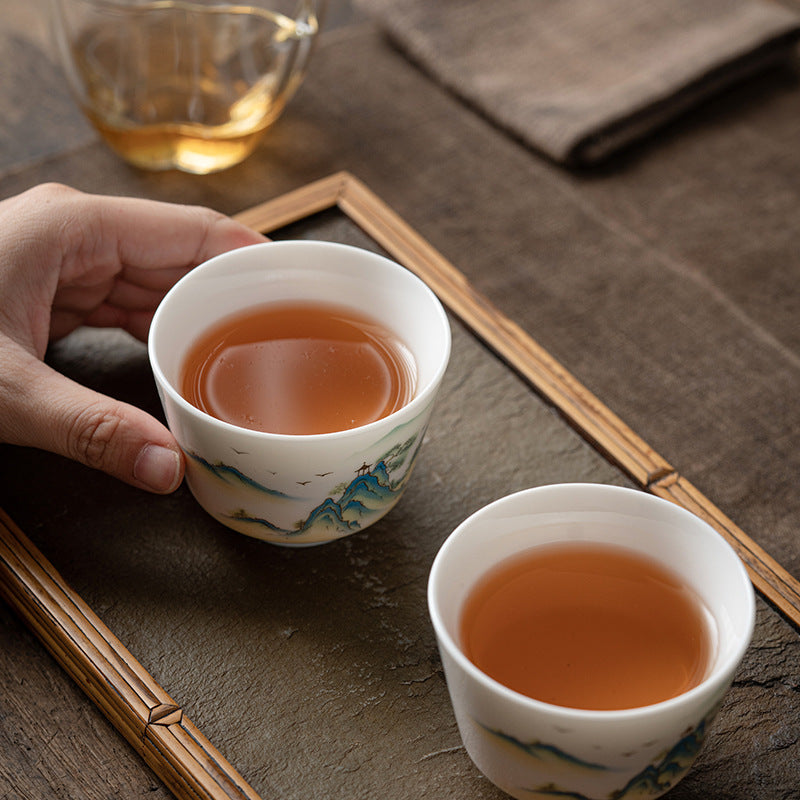 Zen Ceramic Teacup with Lotus Flower and Mountain Design 100ml