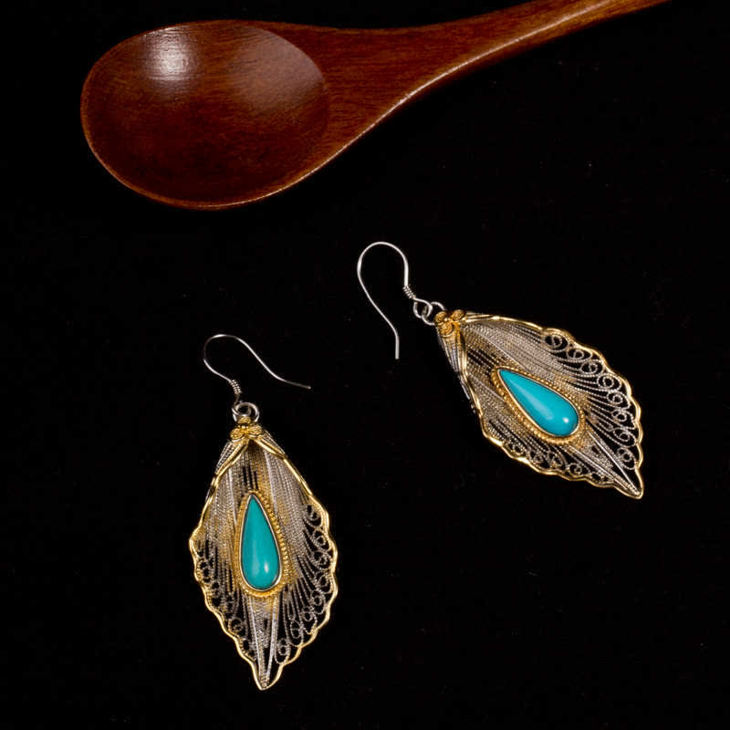 925 Sterling Silver Turquoise Bodhi Leaf Protection Drop Earrings