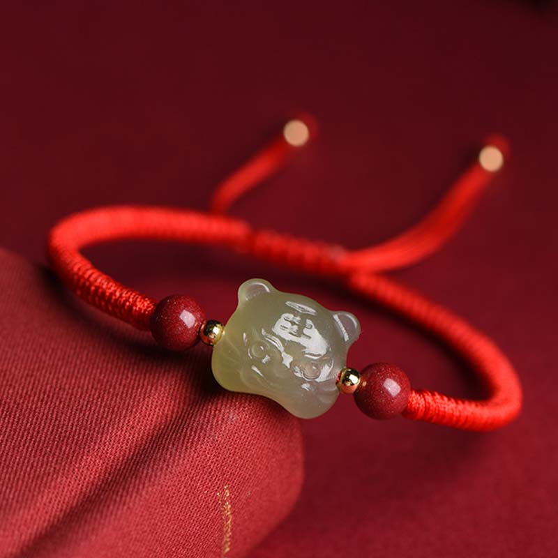 Jade Cinnabar Lucky Tiger String Bracelet for Protection & Luck