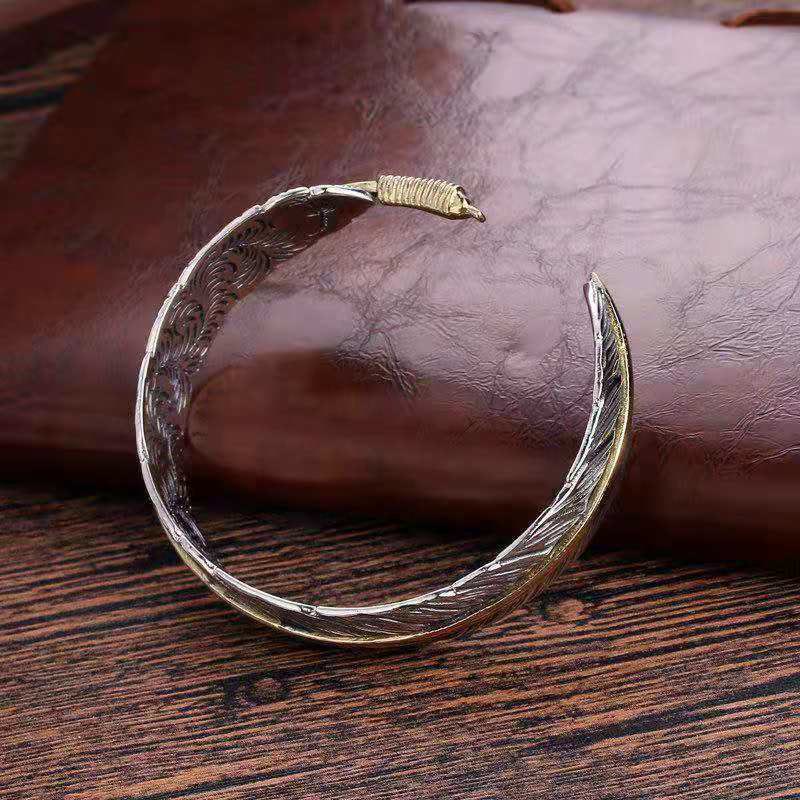 Copper Feather Pattern Carved Luck Wealth Cuff Bracelet