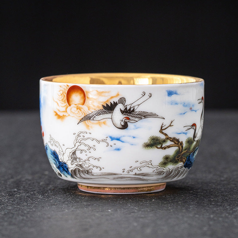 Gilt Ceramic Dragon Phoenix Crane Teacup 170ml Spiritual