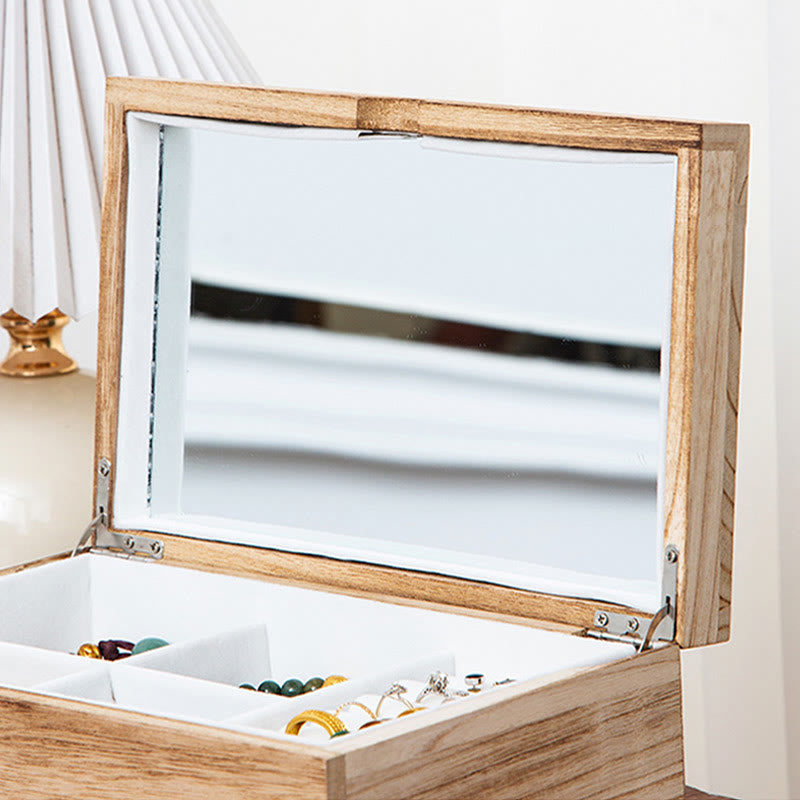 Two-Layer Beige Wooden Jewelry Box with Mirror | Spiritual Home Accents