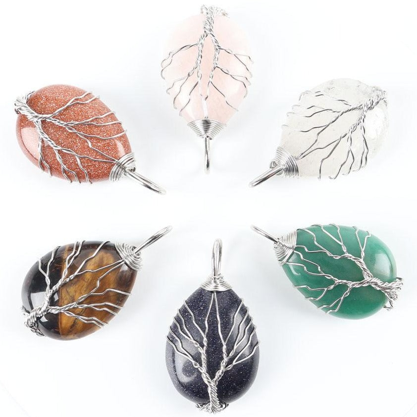 Teardrop Tree of Life Pendant with Copper Wire & Chakra Stones