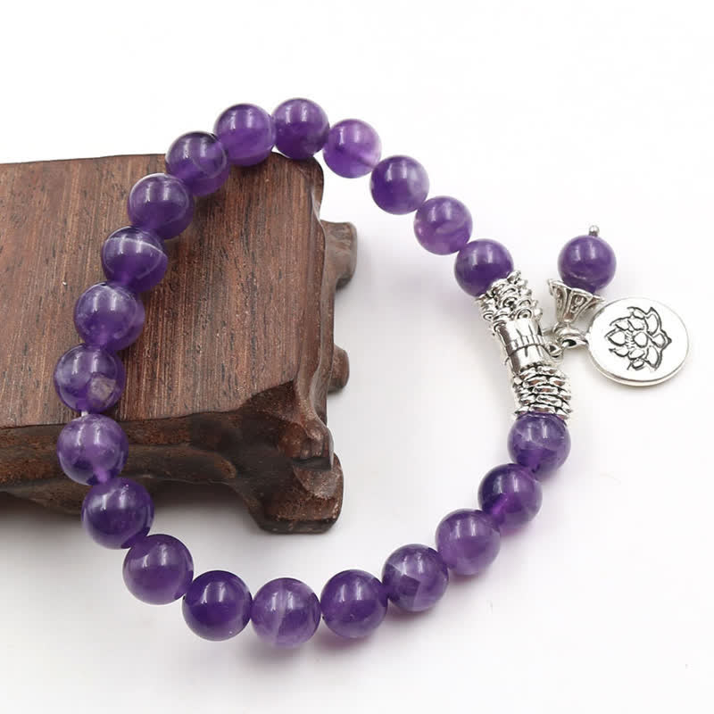 8mm Amethyst Healing Balance Bracelet with Lotus Symbol