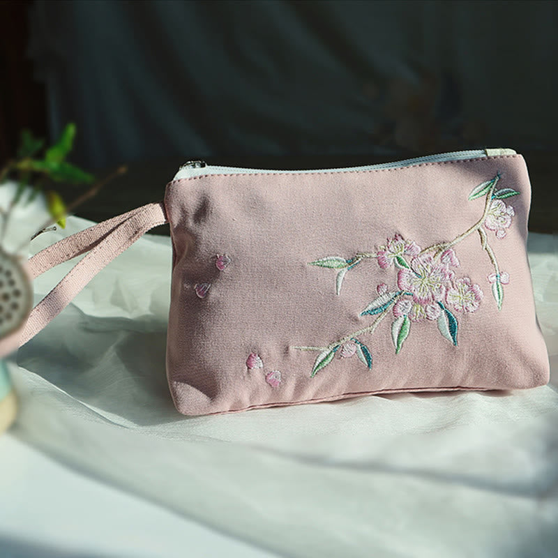 Canvas Wallet with Plum Cherry Crane Embroidery | Compact 21x13cm
