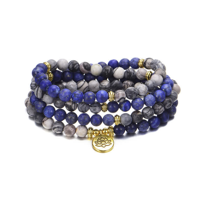 8mm Lotus Lotus Bracelet with Lazurite and Picasso Jasper for Balance