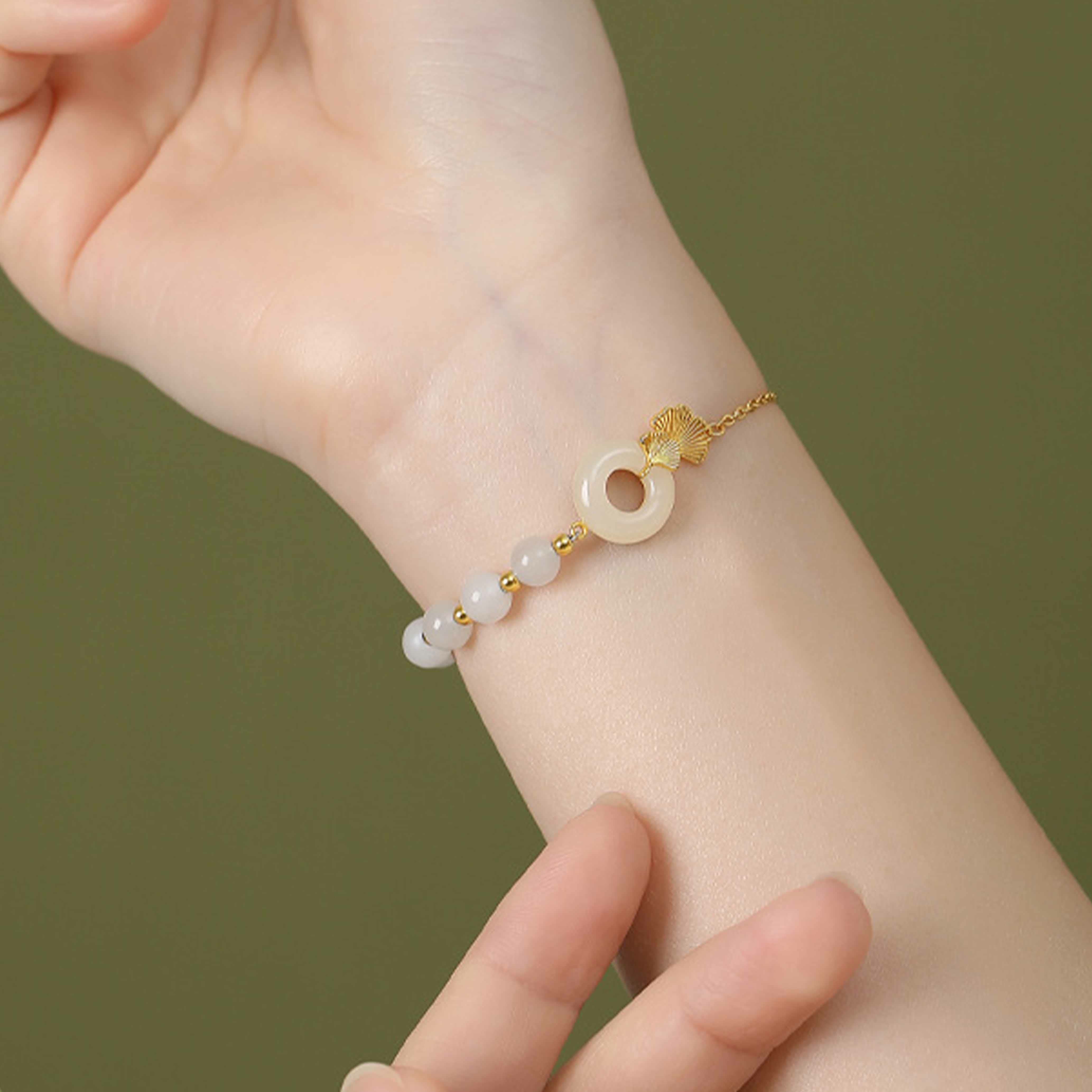 Sterling Silver Hetian White Jade Peace Buckle Luck Bracelet