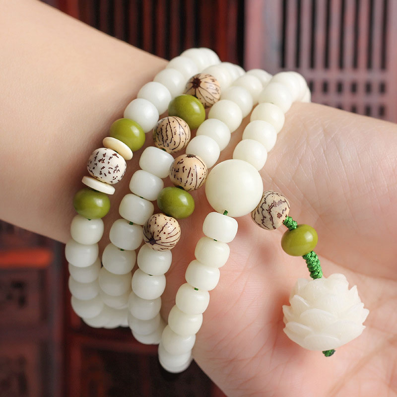 7x9mm White Jade Bodhi Lotus Mala Harmony Bracelet