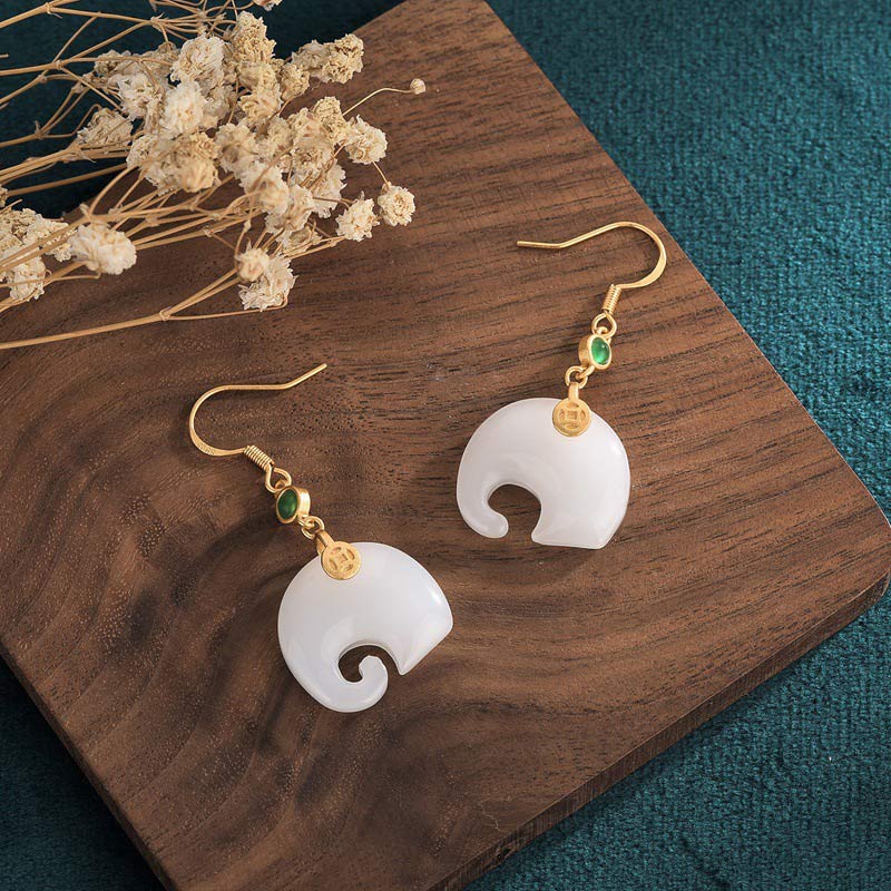 40mm White Jade Elephant Earrings for Fortune & Luck