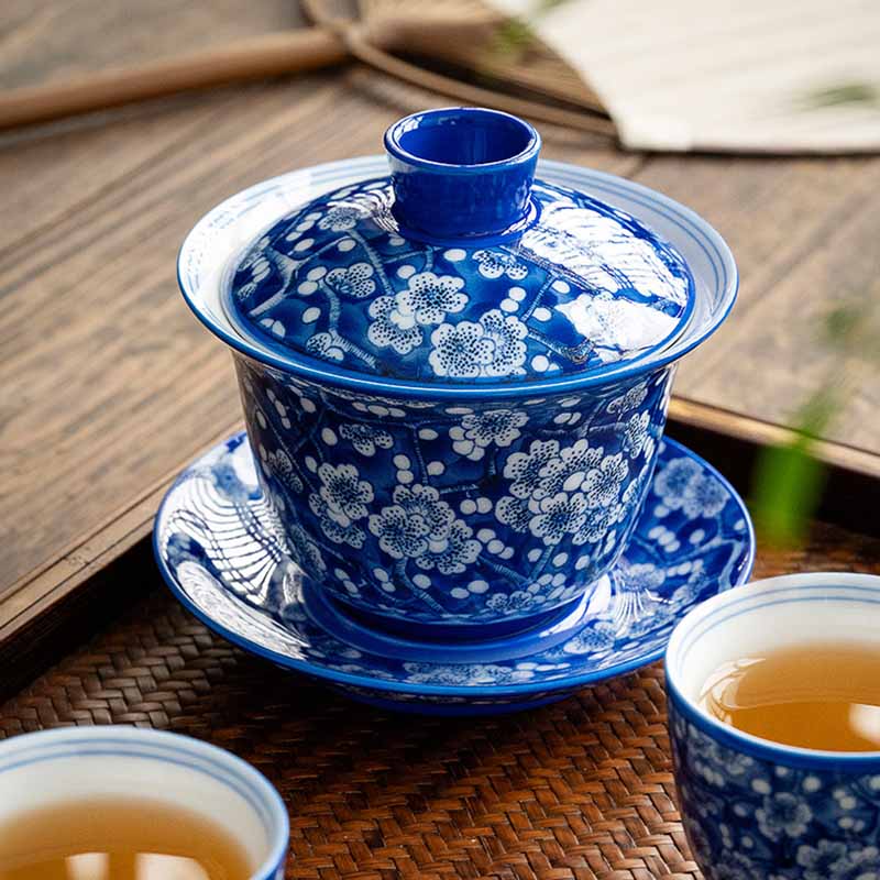 Plum Blossom Blue & White Porcelain Ceramic Gaiwan 185ml Tea Cup