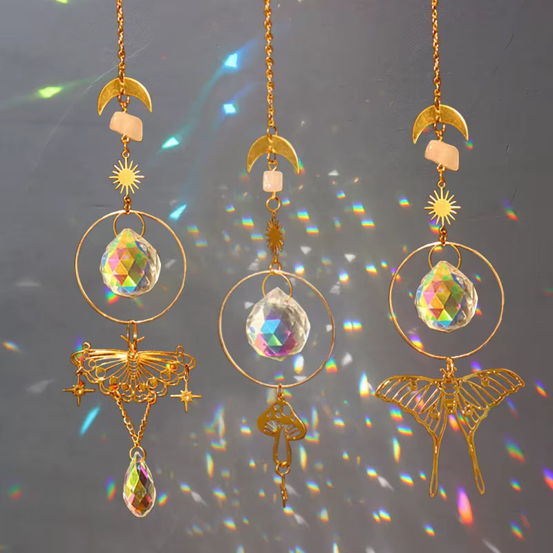 Crystals Sun Catcher Hanging Tree Wind Chime Rainbow Prism Moon Catcher Outdoor Window Curtains Pendant Art Garden Decoration