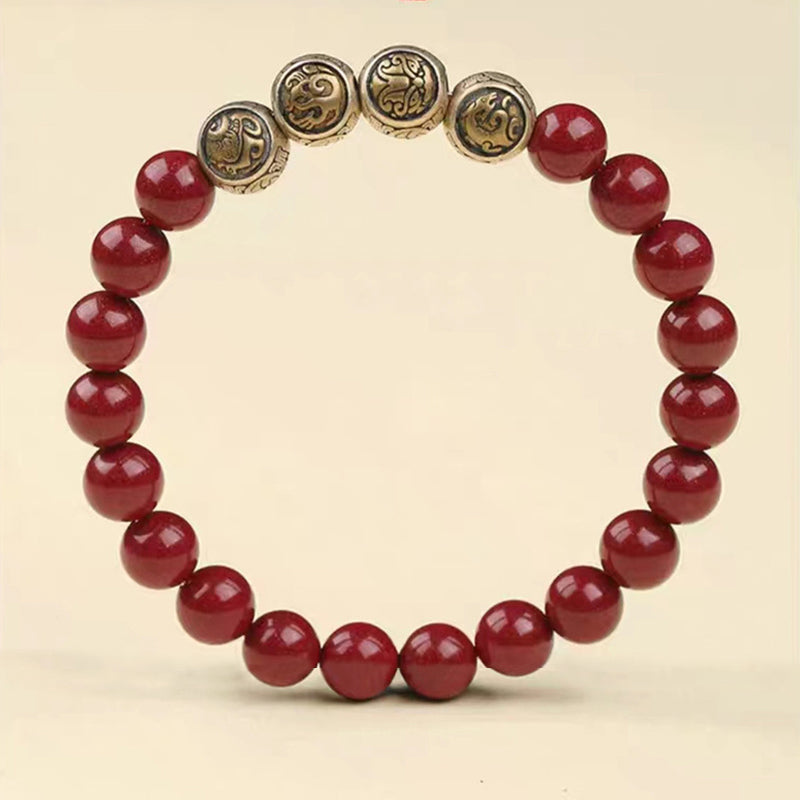 8mm Sterling Silver Cinnabar Four Beasts Blessing Bracelet