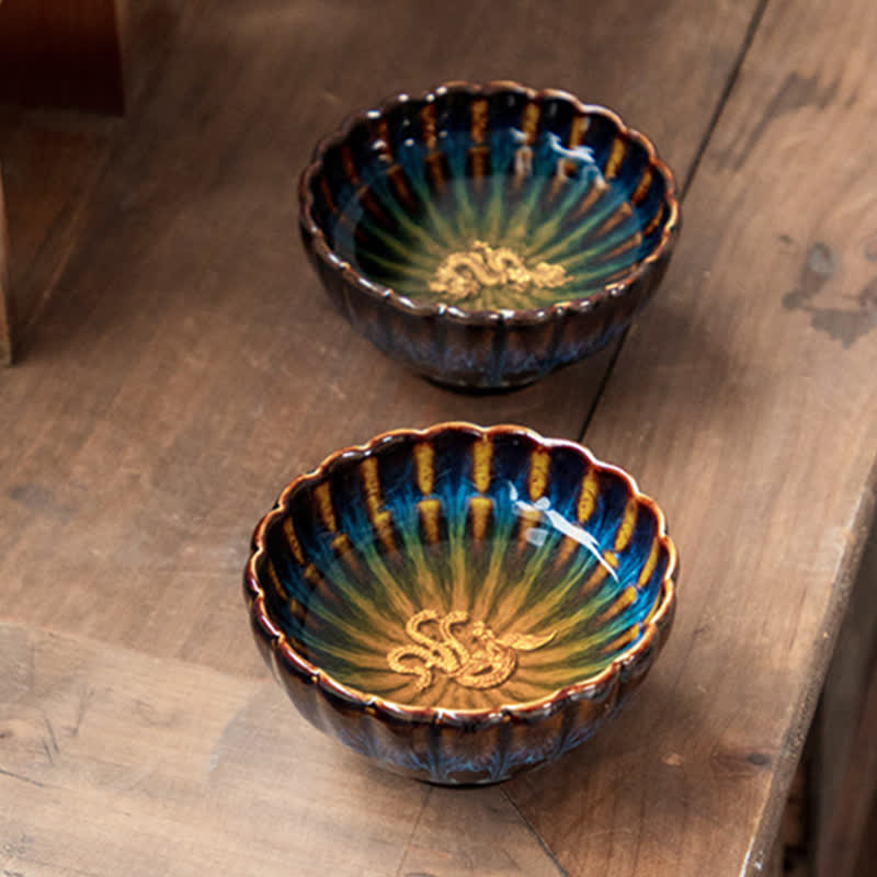 130ml Lotus Dragon Ceramic Tea Cup with Auspicious Inlaid Art