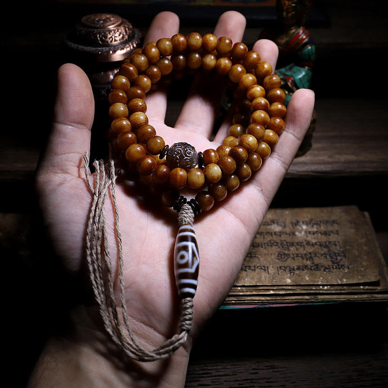Yak Bone Protection Bracelet with Three-eyed Dzi Bead - 108 Beads
